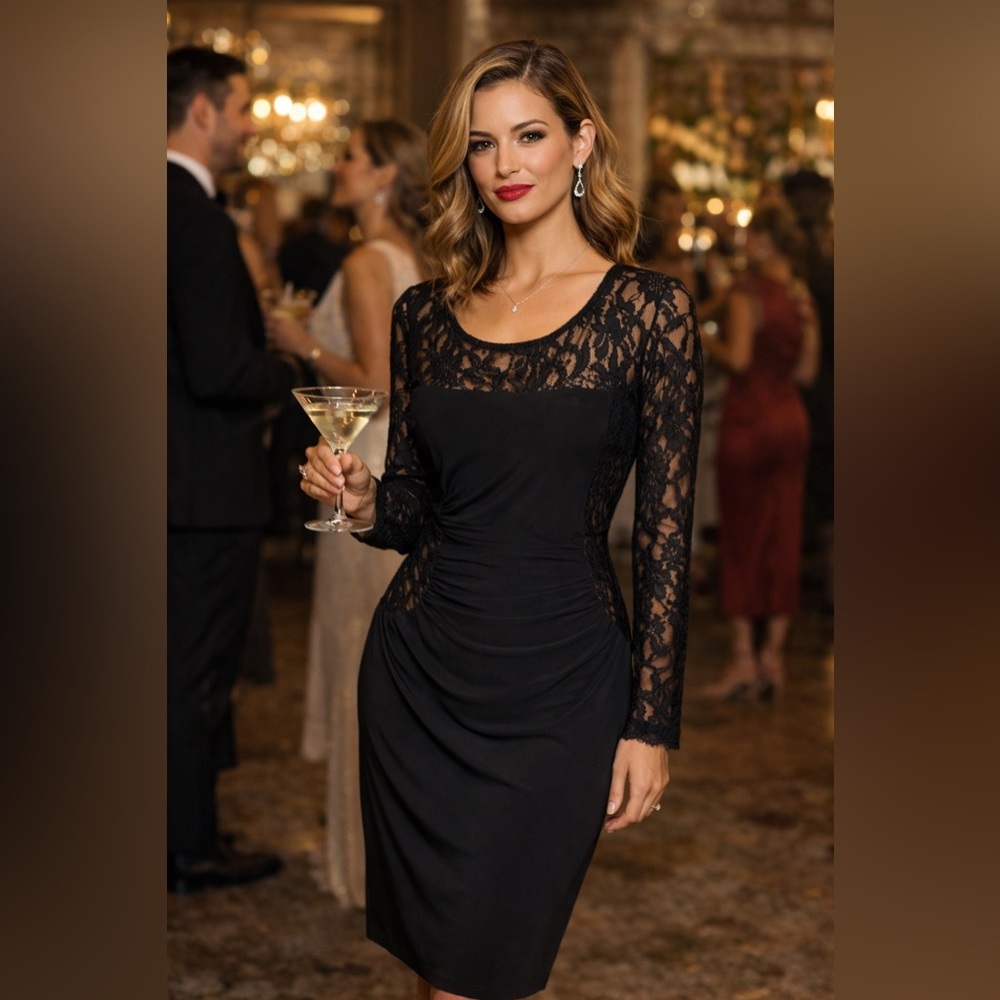 Lauren Ralph Lauren Black Tan Lace Sequin Ruched Midi Dress 6